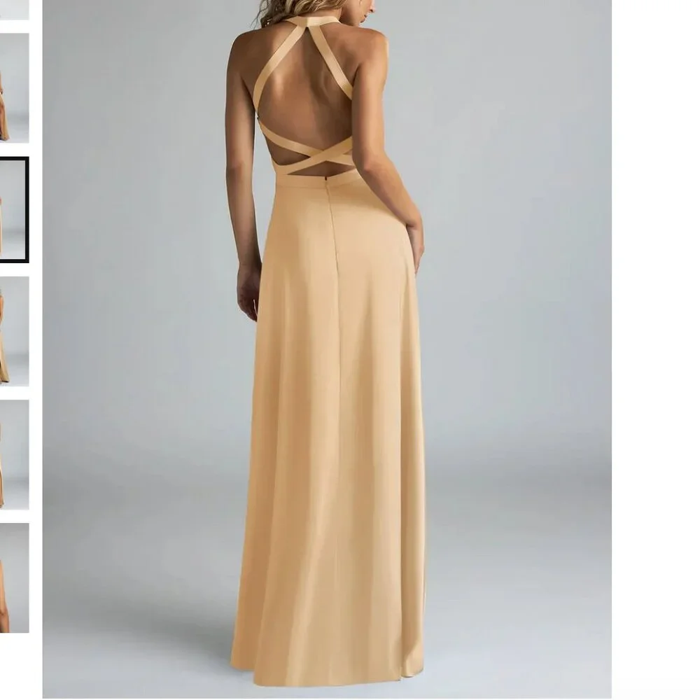 Azazie Clarice Gold Metallic Satin Bridesmaid Dress Sz 6 EUC - Picture 2 of 12